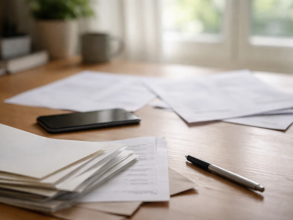 Minimal desk scene with scattered financial notes and a phone showing changing figures abstractly
