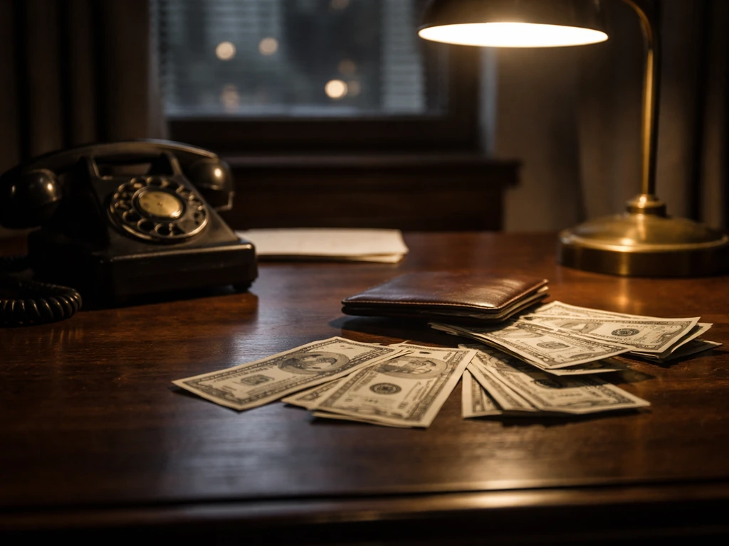 Vintage office desk with money and a rotary phone, symbolizing hidden wealth and uncertainty