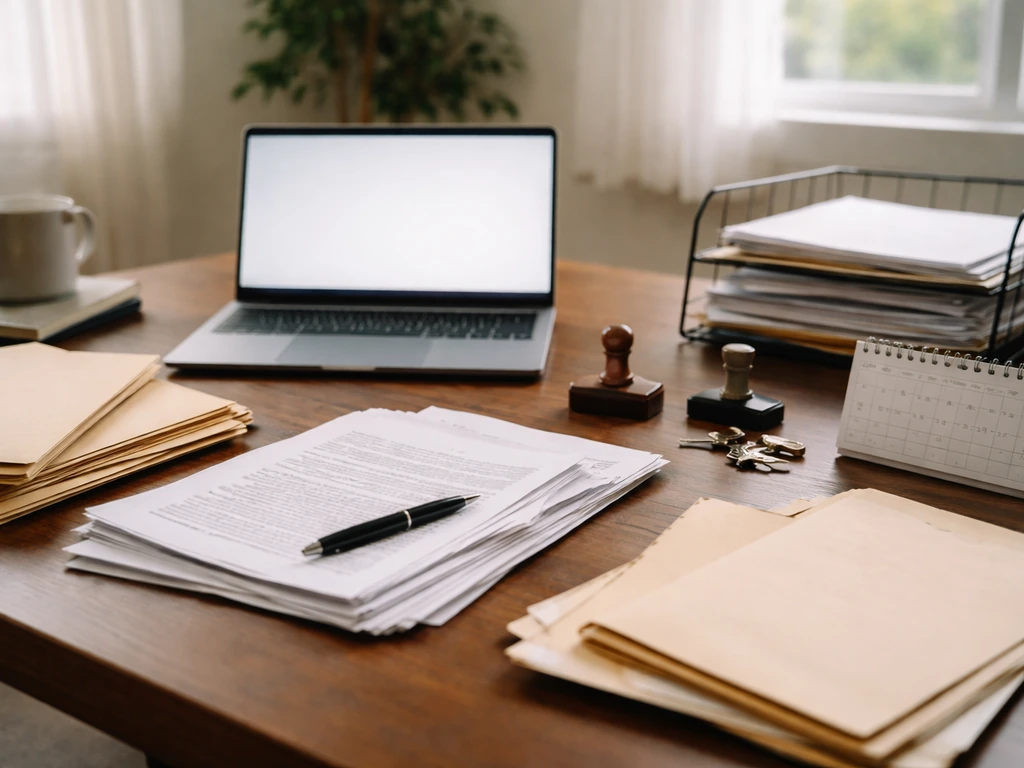 Desk with public-record papers, pen, and envelopes symbolizing tracing assets from court documents.