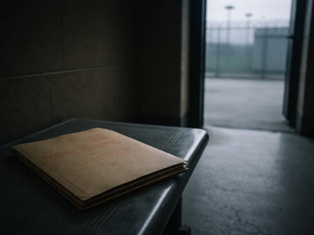 Gloomy courtroom and prison yard seen through a doorway, with a closed document folder showing seizure stamps.