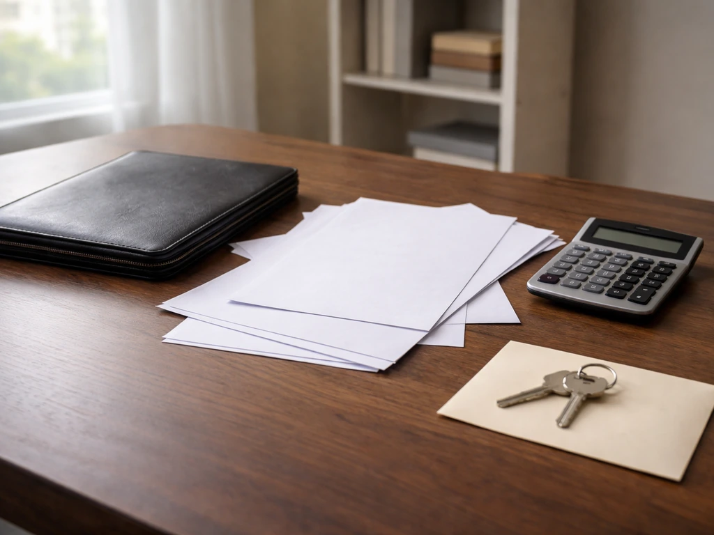 Minimal office desk scene with documents, calculator, and envelope symbolizing estate assets and debts