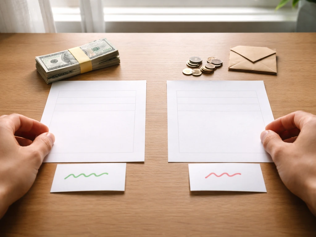 Split-view desk scene showing two conflicting money estimate printouts and labeled gross vs net items.