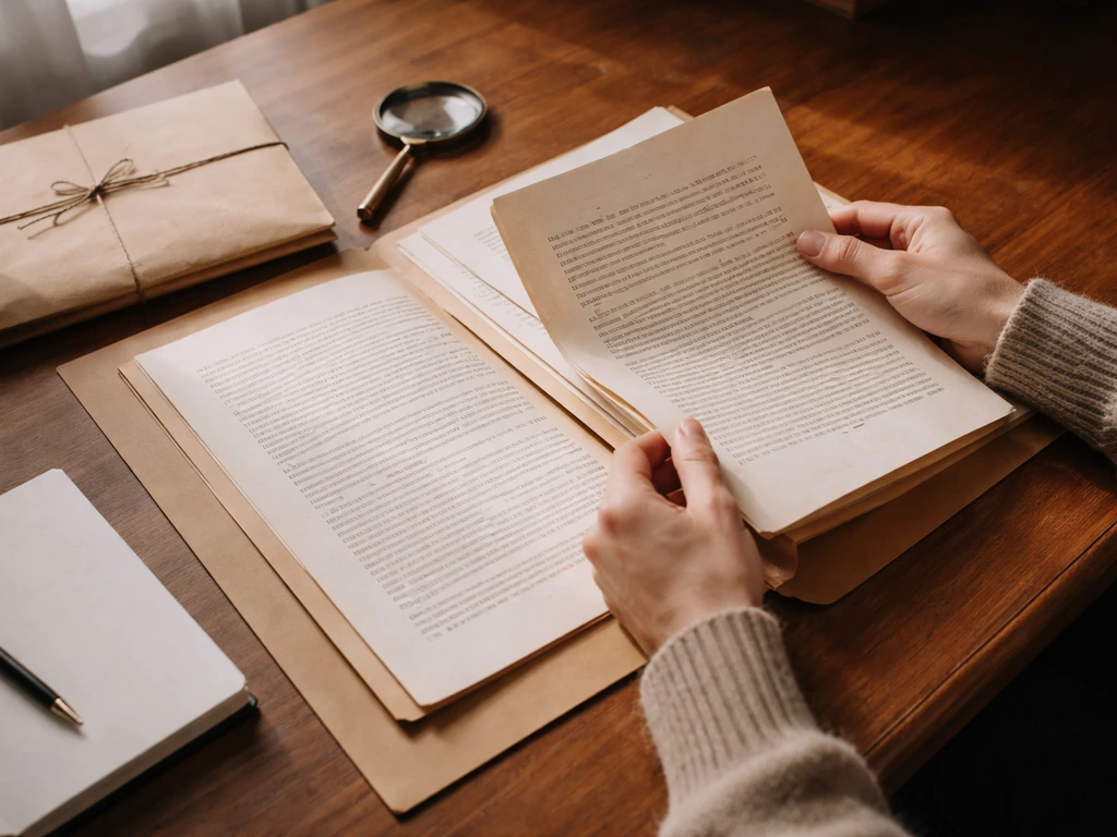 Close-up of hands sorting old probate documents beside a magnifying glass and notebook