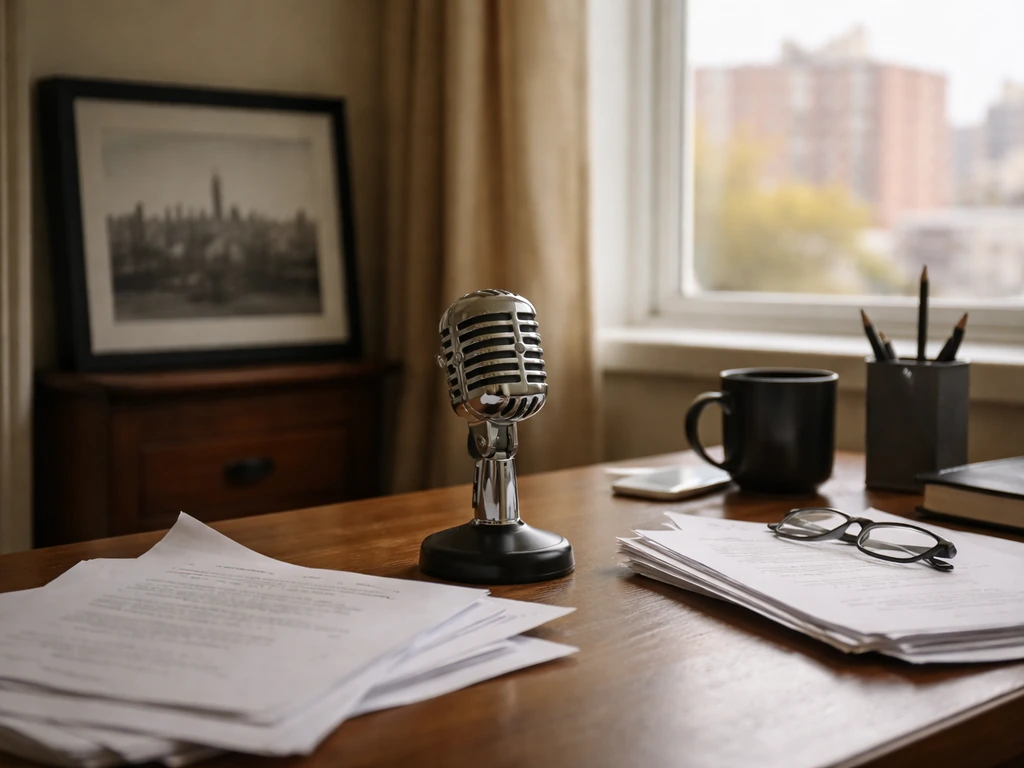 Minimal home-office desk with a vintage microphone and scripts, softly blurred city skyline outside window.