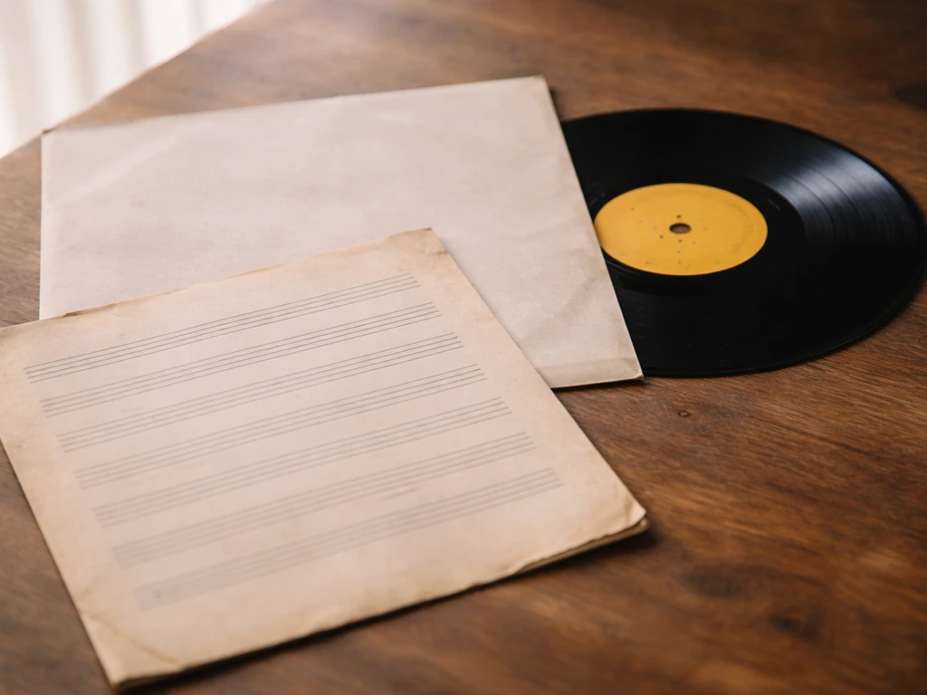 Close-up of a vinyl single beside blank sheet music on a wooden table, softly lit.