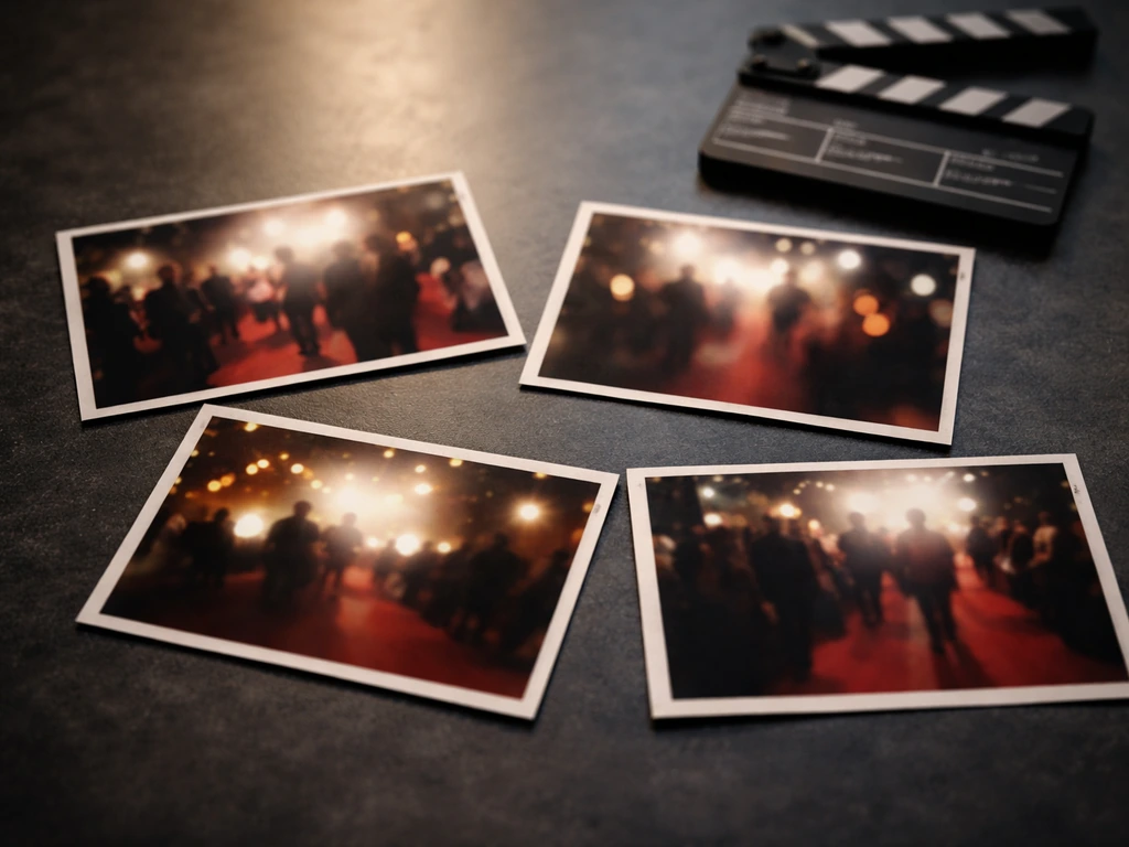 Minimal tabletop scene with blurred film-still frames and a small clapperboard suggesting acting residuals.