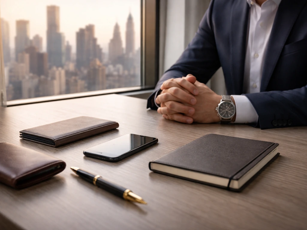 Anonymous businessman at a desk with a smartphone, subtle luxury cues and a blurred city skyline