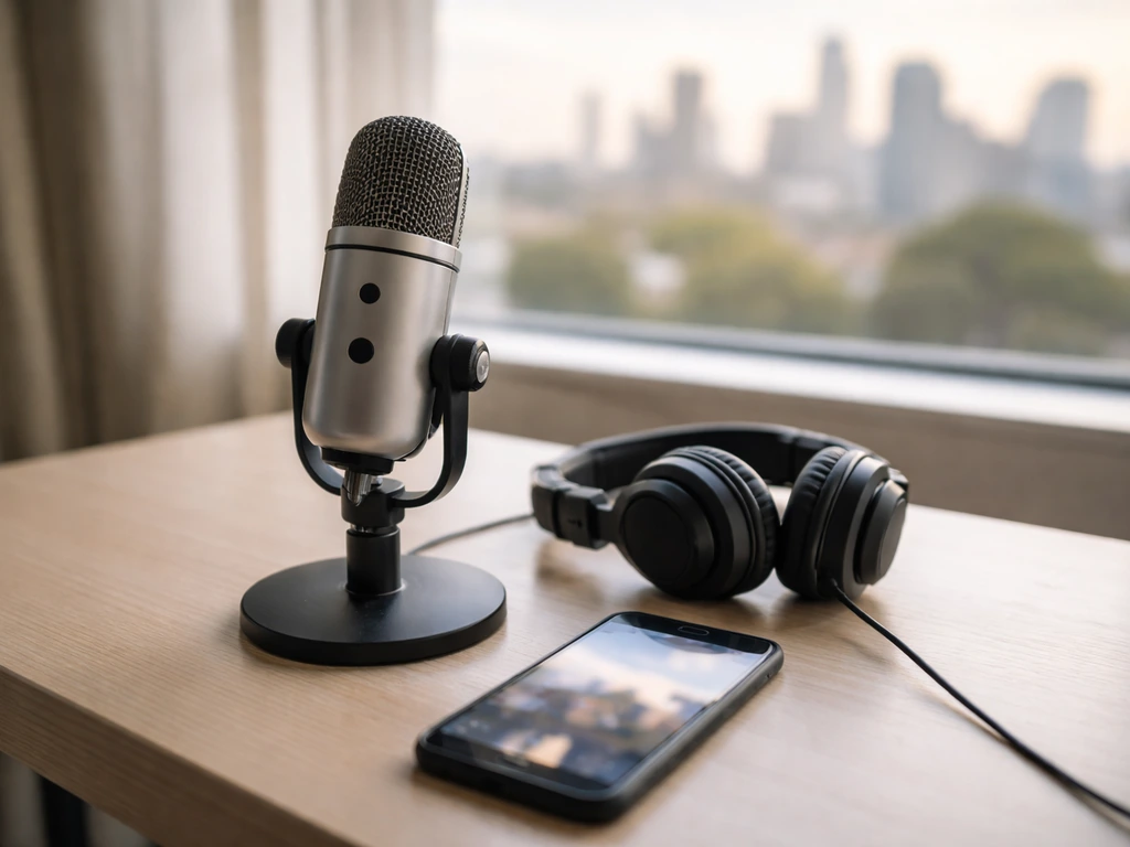 Reel-to-reel microphone on a studio desk with a city skyline view, suggesting reality TV and business life
