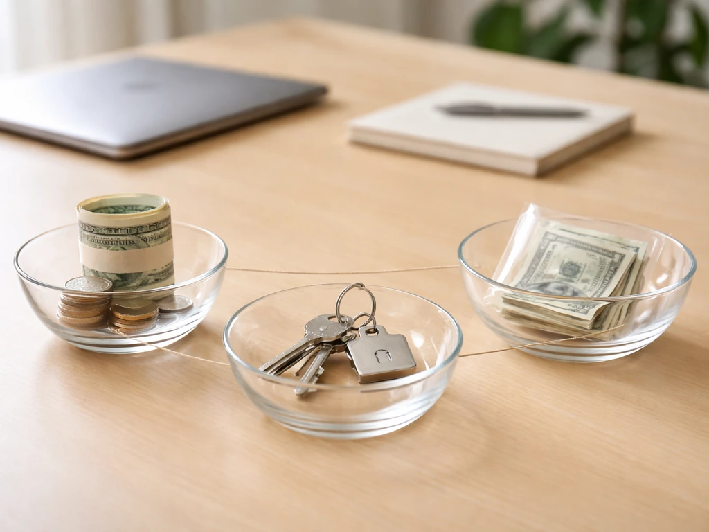 Minimal office desk with three bowls of money, keys, and documents arranged as a simple net-worth framework.