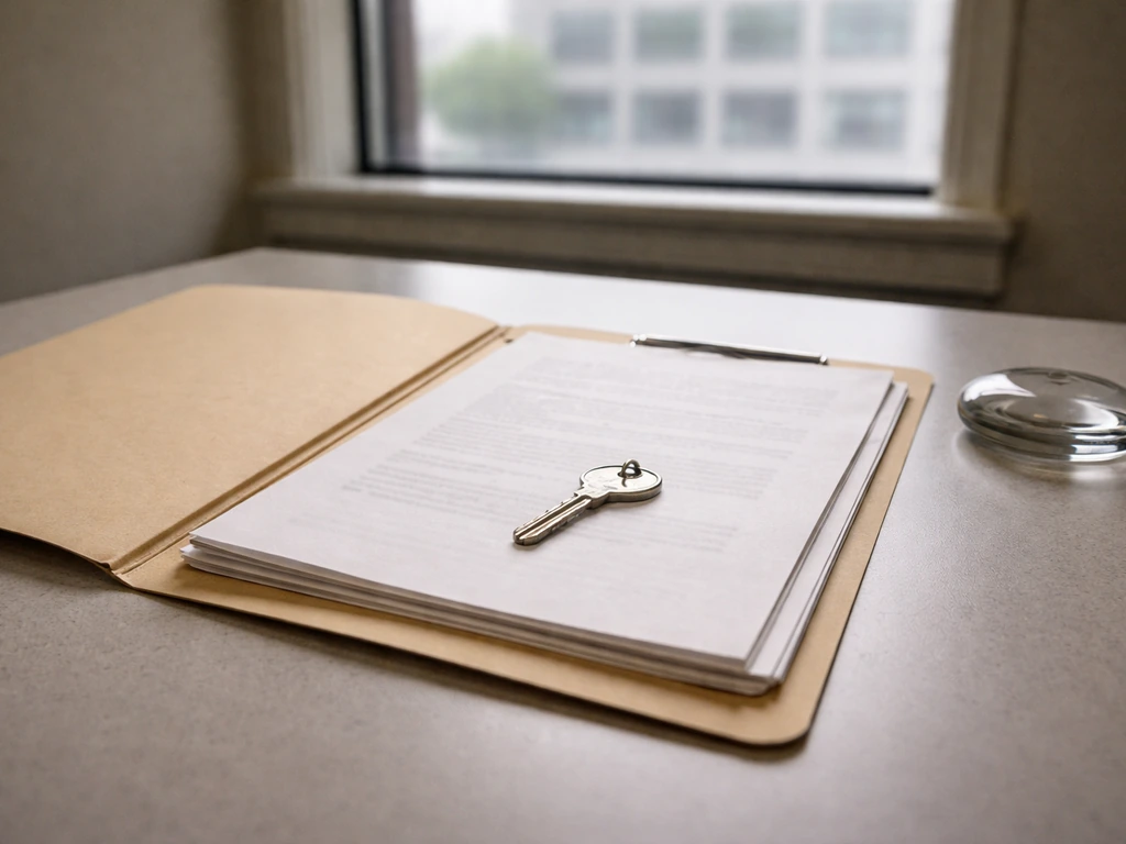 Close-up of a folder of property records and a key on a desk, suggesting commercial real estate ownership research.
