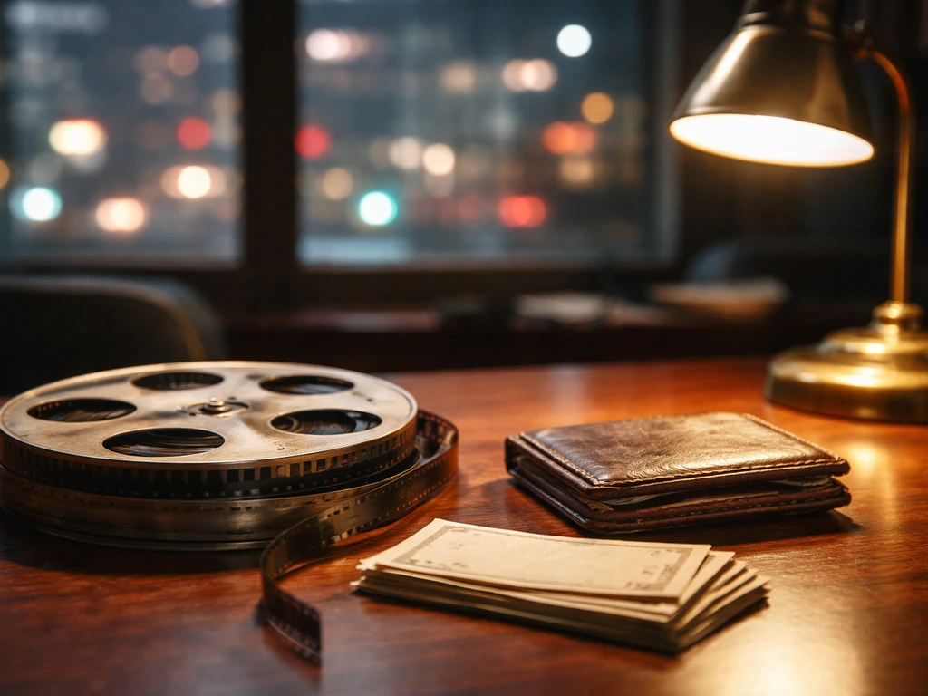 Vintage film reel and cash-styled props on a desk, suggesting net-worth estimates without showing any person