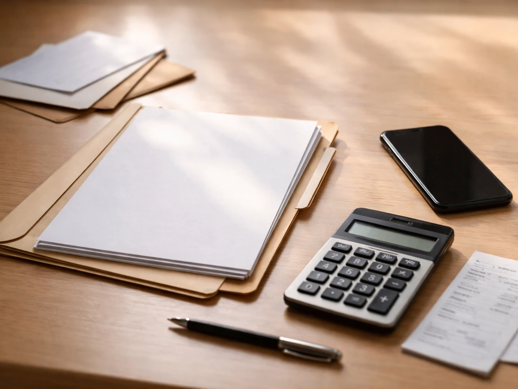 Minimal desk scene with scattered documents, a calculator, and a smartphone showing uncertainty without any text.
