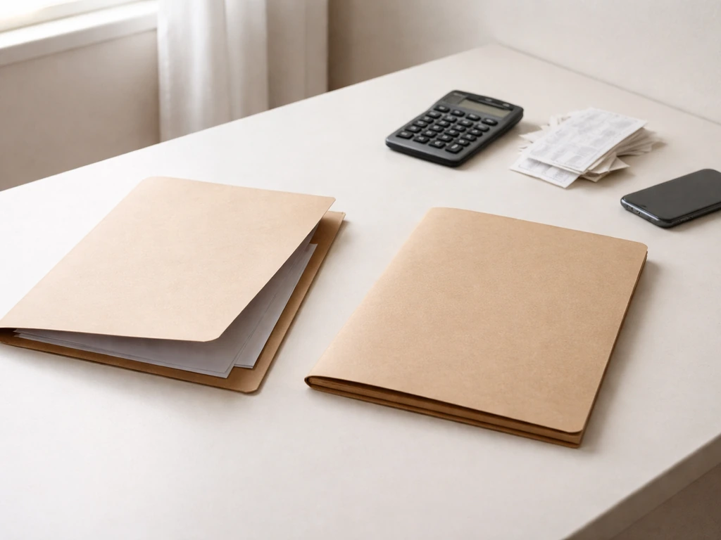 Minimal desk scene with two folders and a calculator suggesting different net-worth sources and assumptions.