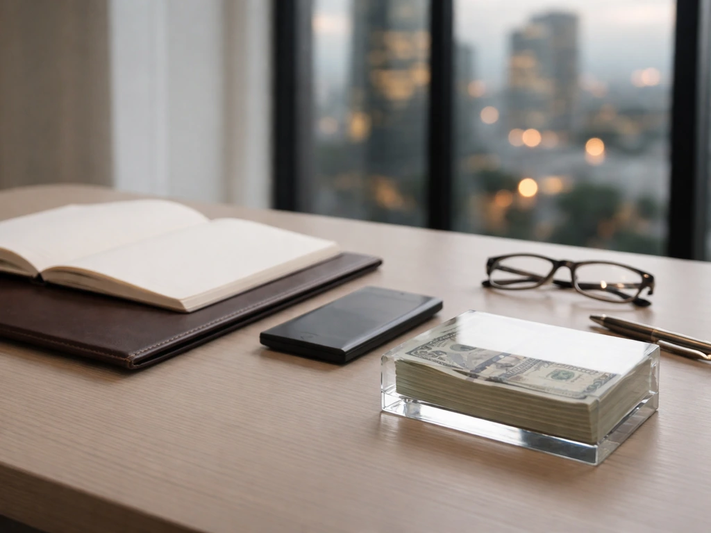 Minimal office desk with calculator, blank notebook, and money stack in natural light, symbolizing net worth range.