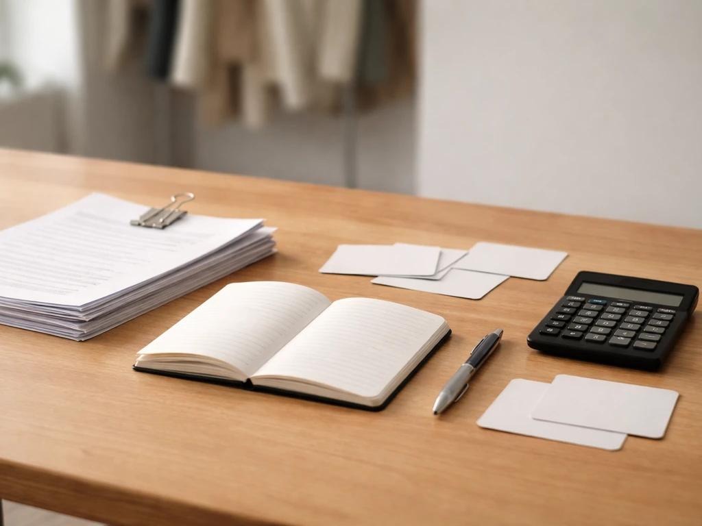Minimal desk scene showing scattered notes and a small stack of documents with a calculator and pen