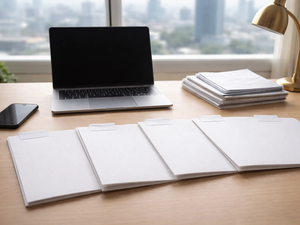Minimal desk photo with blank documents and an open laptop, suggesting verifying financial records