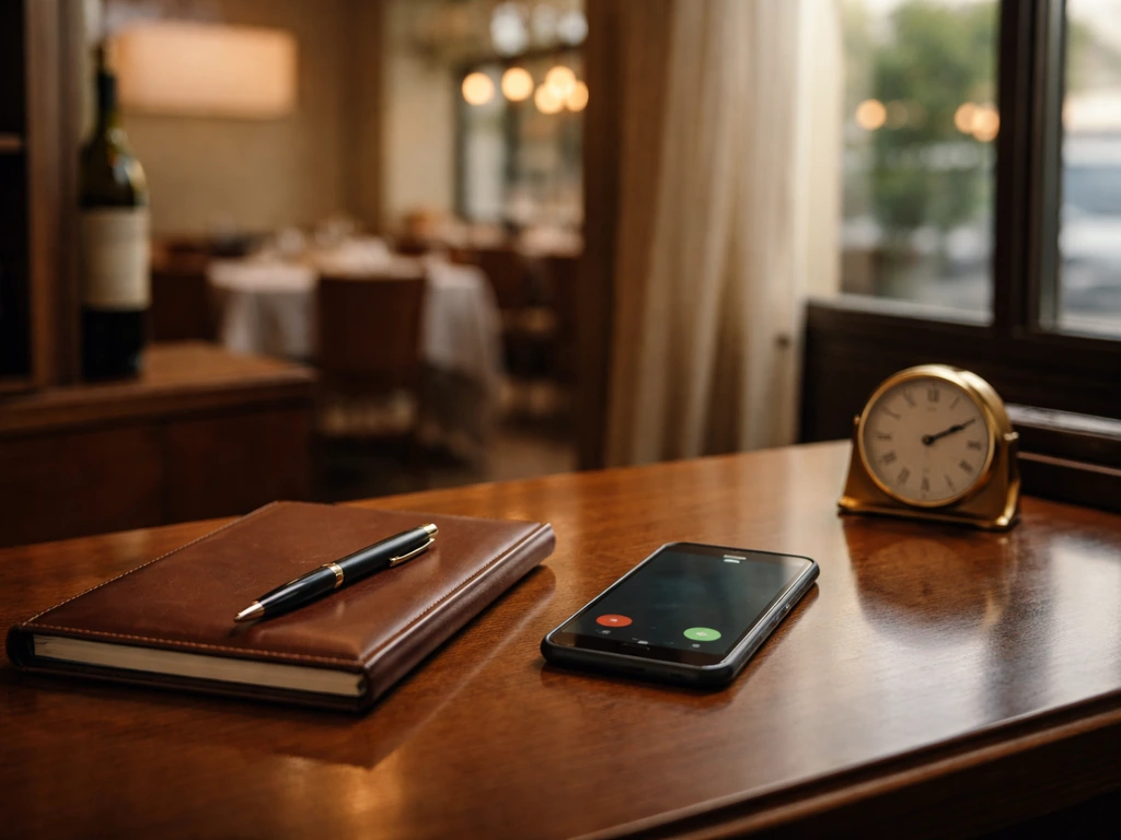 Warm restaurant office desk scene with notebook, pen, smartphone, and blurred dining space symbolizing business verifica
