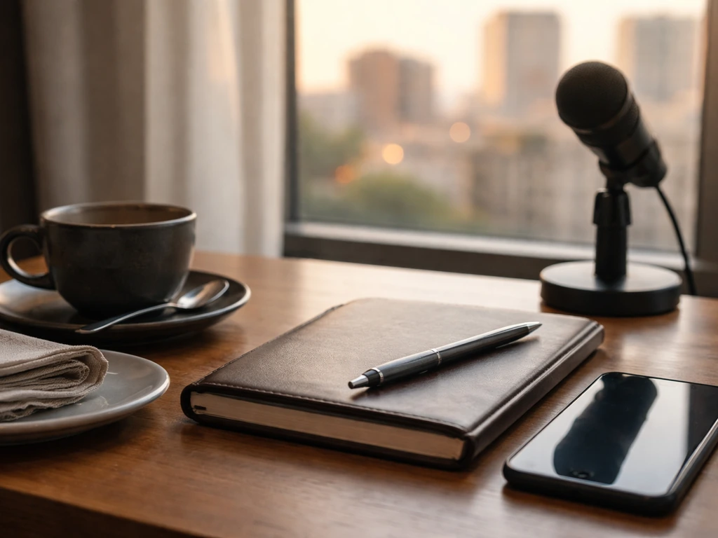Minimal business scene symbolizing Vittorio Assaf Serafina co-founder—smartphone, notebook, and city finance cues