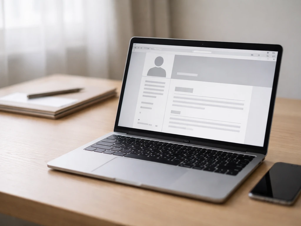 Minimal desk scene with a laptop open to generic business profile pages, implying verified online sources