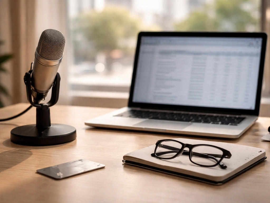 Minimal office desk with a microphone and laptop, evoking a business executive profile analysis setting.
