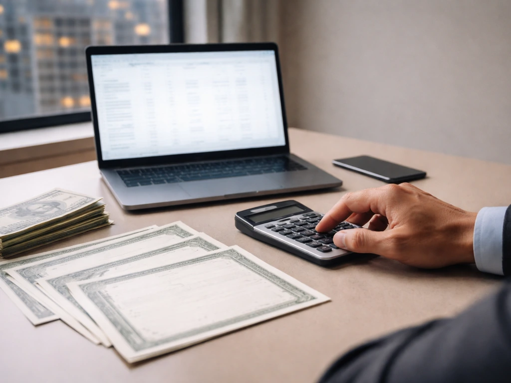Anonymous office desk scene with hands, calculator, cash, and blurred laptop glow suggesting SEC ownership valuation.