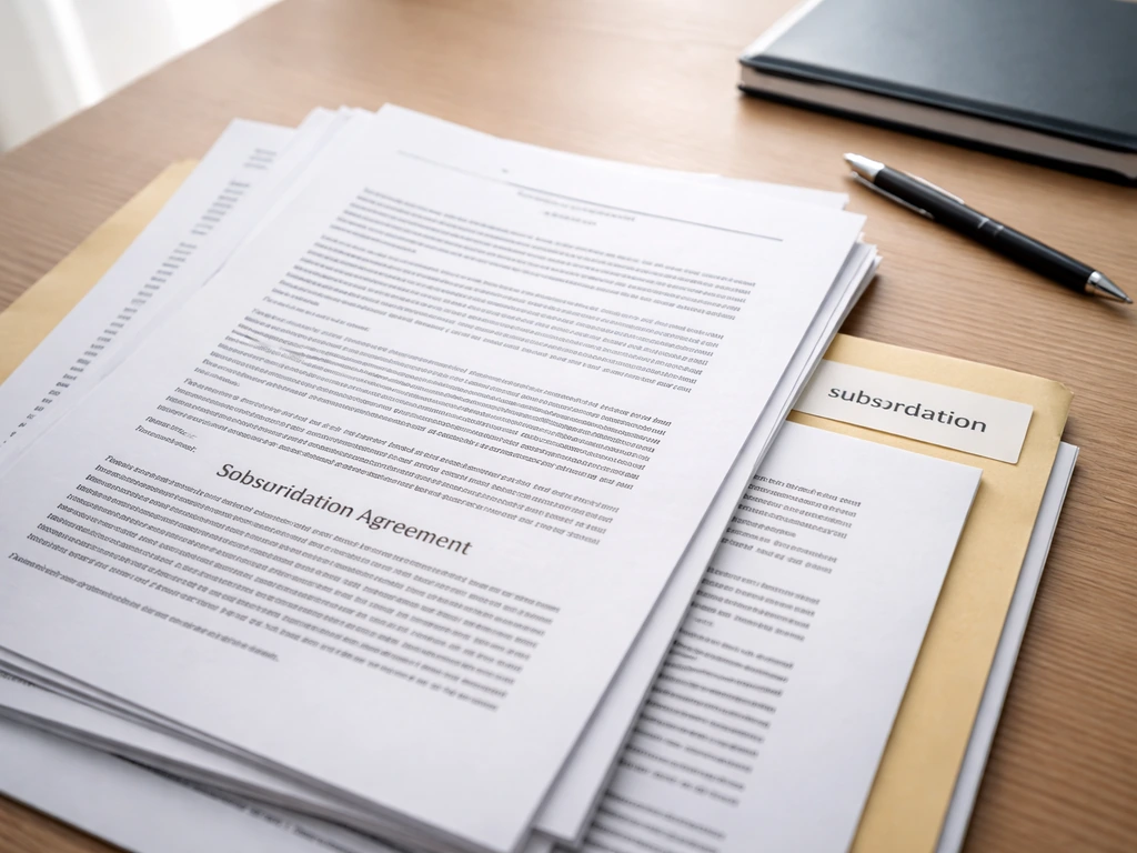 Close-up of printed subordination agreement papers with binder clips on a desk beside a notebook and pen