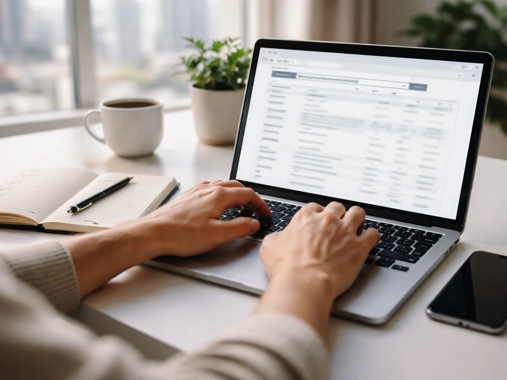 Minimal office scene showing a laptop with SEC-style browsing tab and a notepad for a verification checklist