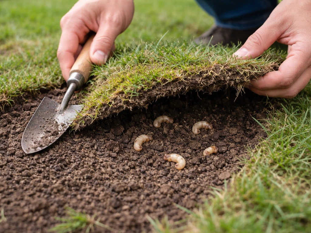Handen tillen een beschadigde grasmat op in de tuin, met larven zichtbaar in de grond eronder.