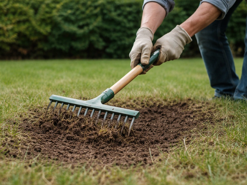Tuinier met hark/verticuteermachine die kale plekken in gazon voorbereidt voor doorzaaien