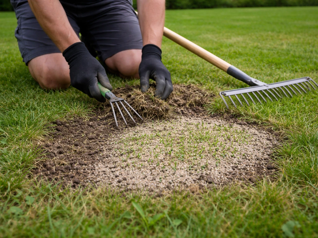 Handen maken een kale plek in het gazon los en egaliseren grond voor herinzaaien of zode.