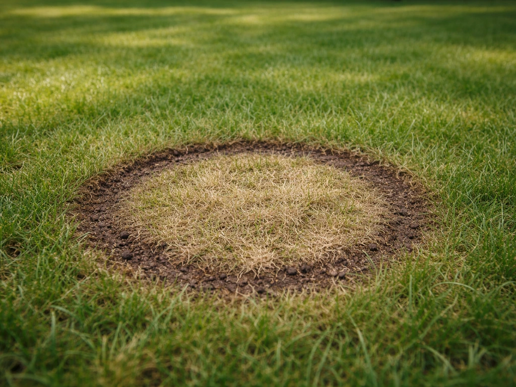 Bodem met een duidelijke cirkelvormige schimmelkrans, met ververkt gras dat in een ring zichtbaar wordt.
