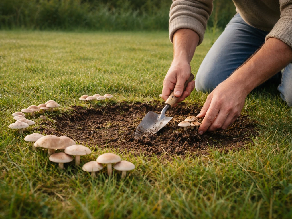 Tuin met kleine heksenkring; iemand verwijdert paddenstoelen en maakt de ringzone zichtbaar los.