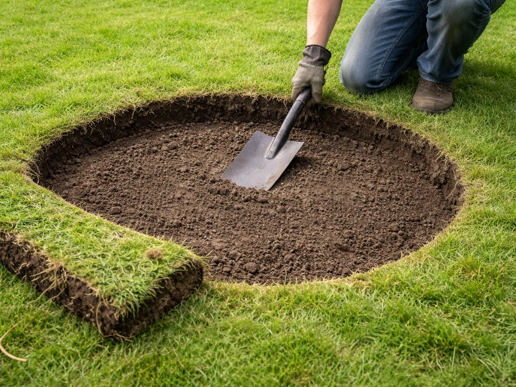 Geknielde tuinier licht een 30 cm brede graszodestrook uit rond een ronde, uitgegraven ring.