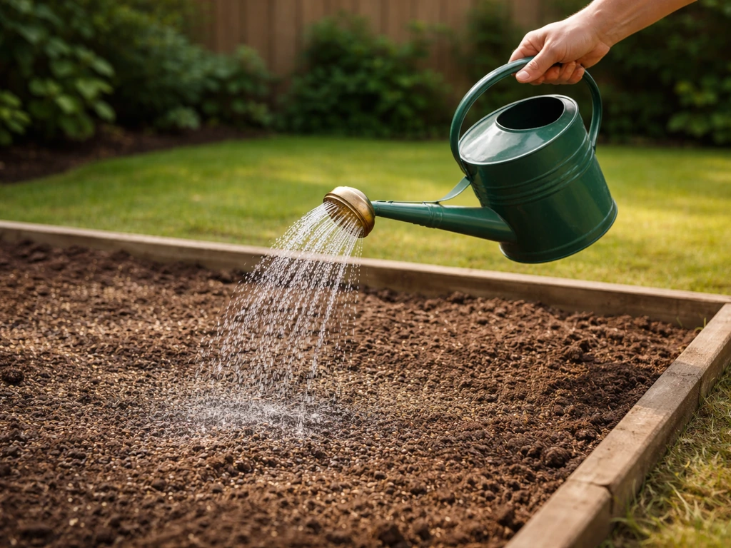 Iemand geeft met een gieter water aan ingezaaid gras in een kleine tuinbed voor herstel van de grasmat.