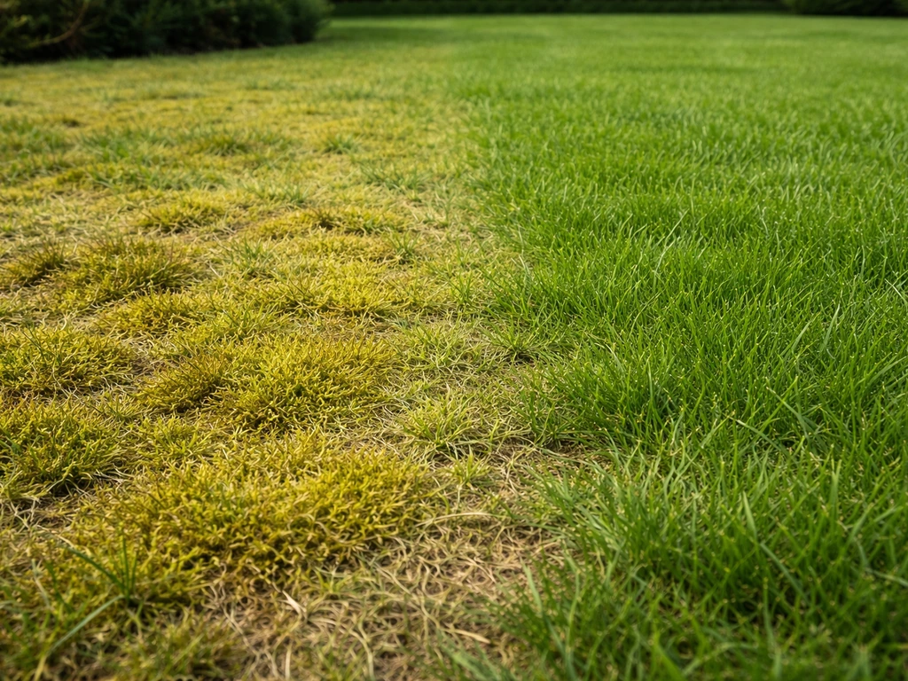 Gazon met duidelijke mosplekken naast gezond groen gras, vanuit ooghoogte, in natuurlijk daglicht.