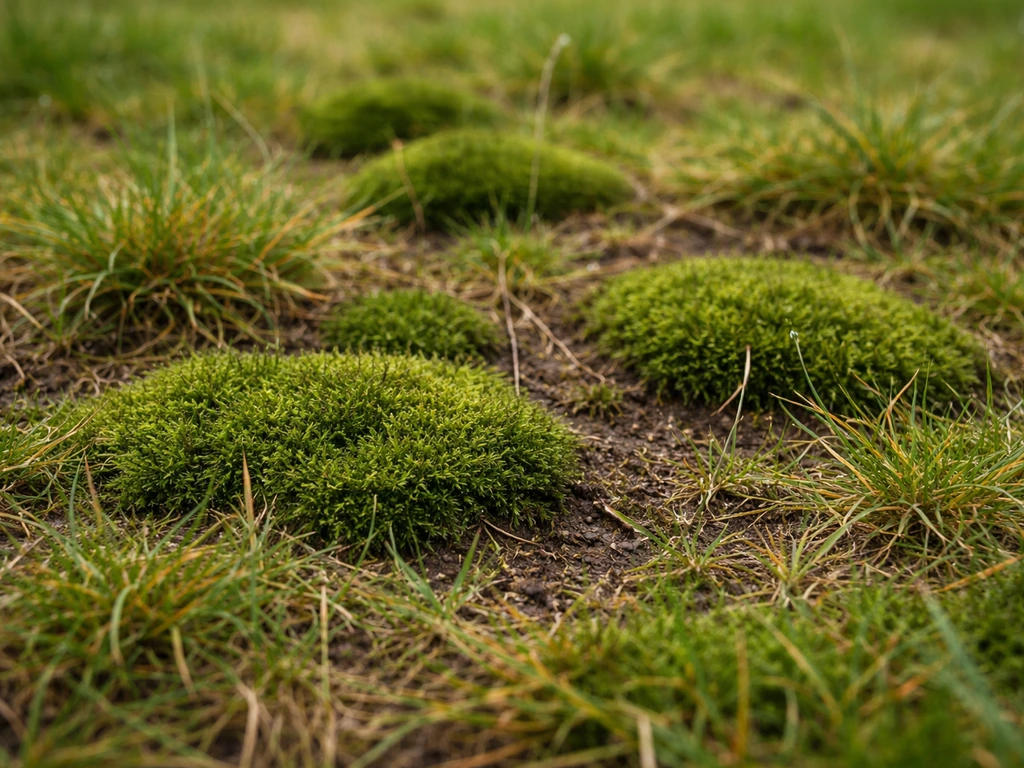 Close-up van mos in het gazon met dun gras en kale plekken waar het minder dicht groeit.