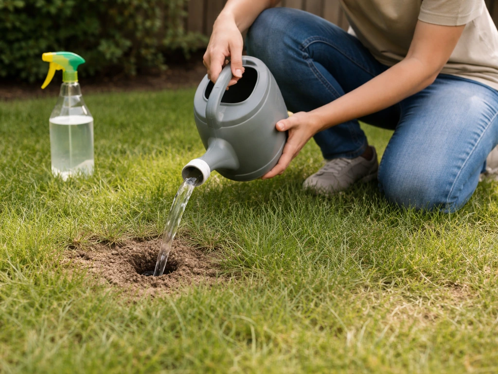 Iemand giet nematoden-oplossing op het gazon bij een mieren-ingang, met focus op bodem en gras.