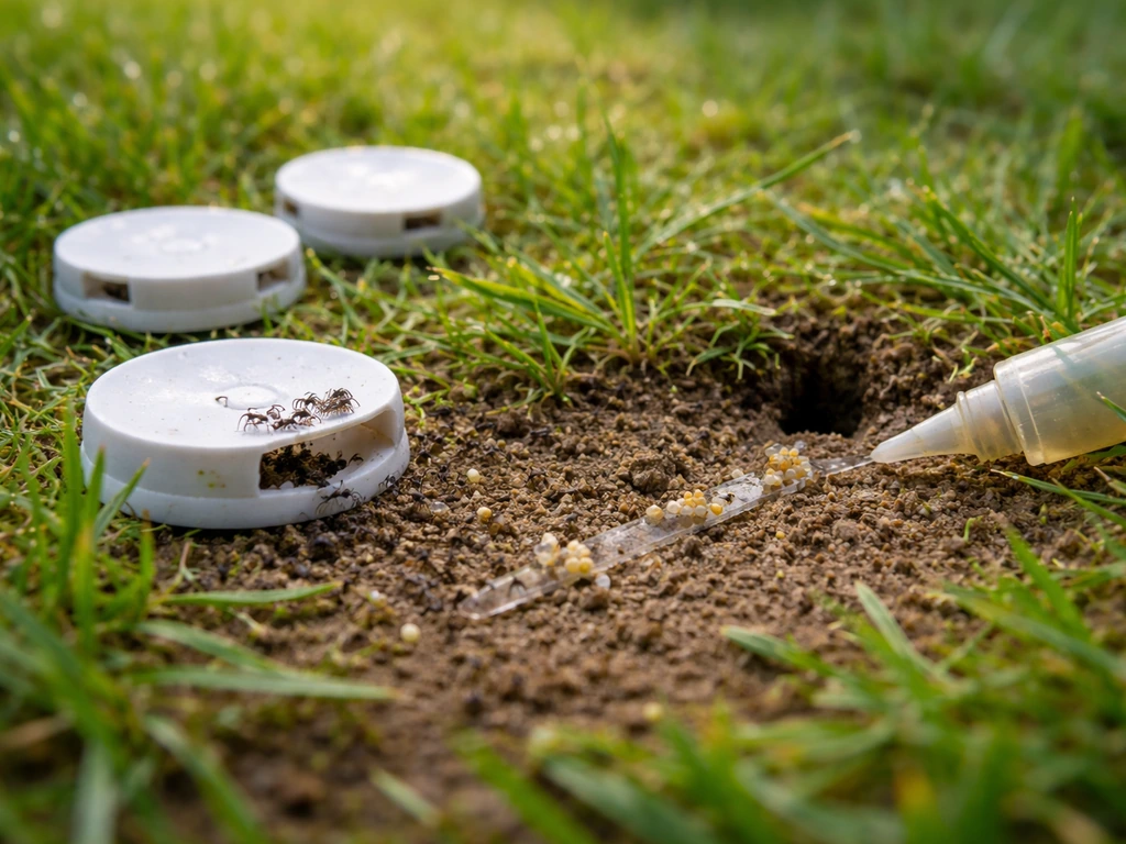 Mierenlokdoosjes en gelachtig lokaas op een gazon bij een mierenloop en nestplek.