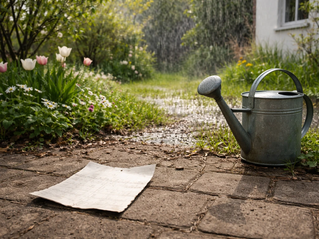 Kalenderblad en gieter in de tuin met startende regenbui, als indicatie voor het juiste moment.