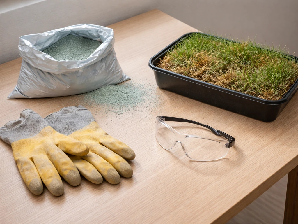 Handschoenen en veiligheidsbril op tafel naast geopend ijzersulfaat-product en een gazon met gele/bruin verbrande rand