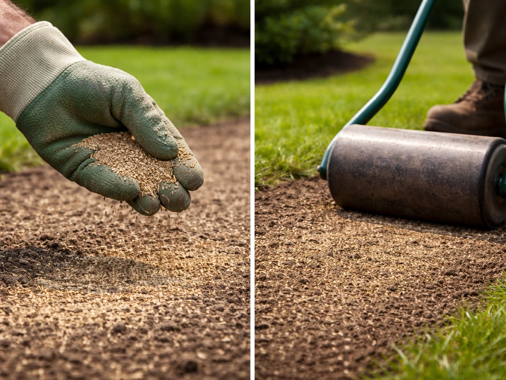 Hand met graszaad boven een pas bewerkt kaal stuk gazon, met lichte bedekking en aandrukken.