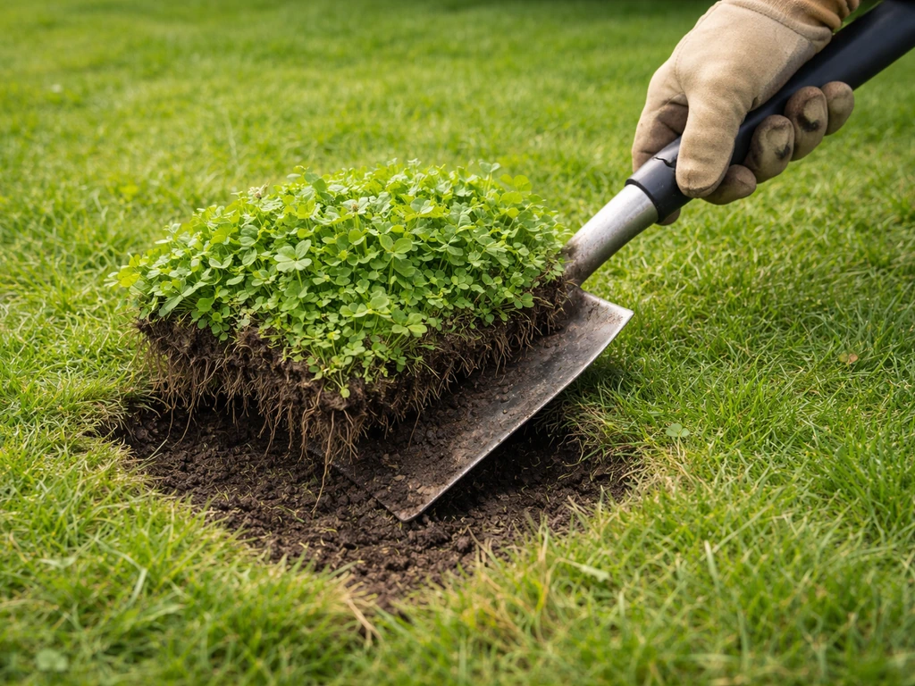 Close-up van een border-spade waarmee een kleine klaverplek met wortels uit de zode wordt gestoken.