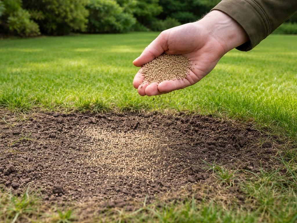 Tuinier houdt graszaad vast bij een licht ingezaaide kale plek in het gazon na verticutten/beluchten.