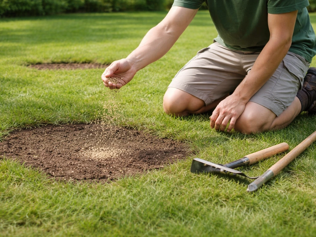 Tuinman zaait graszaad op kale plek na onkruidverwijdering, met schep en hark in een gazon