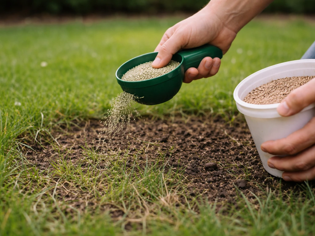 Handstrooier strooit vers graszaad en mest op een kale plek in het gazon na mosbestrijding.