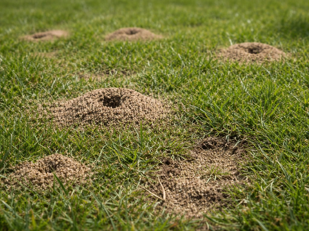 Close-up van gras met kleine zandhoopjes en aangetaste plekjes door mieren.