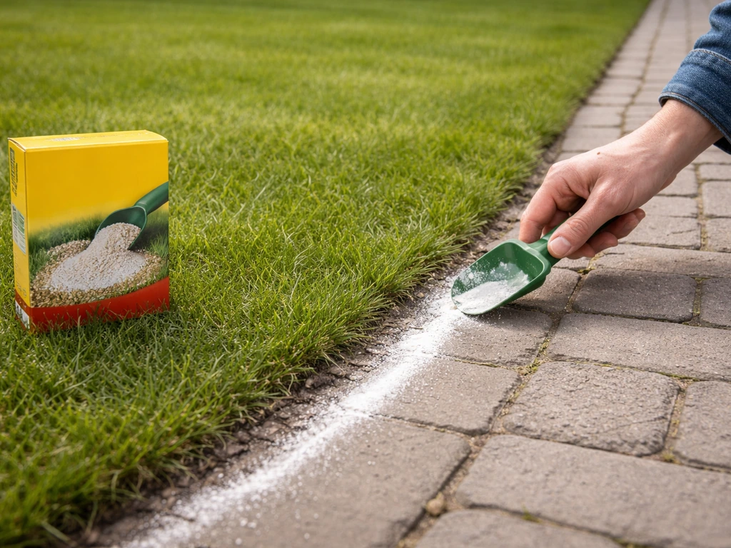 ECOstyle mierenpoeder naast het gazon, met poeder dat over een looppad wordt afgestrooid.