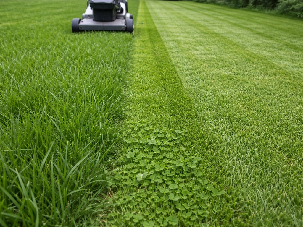 Grasmaaier die gras op 4–5 cm maait, met enkele klaverplekjes voor duidelijk contrast.
