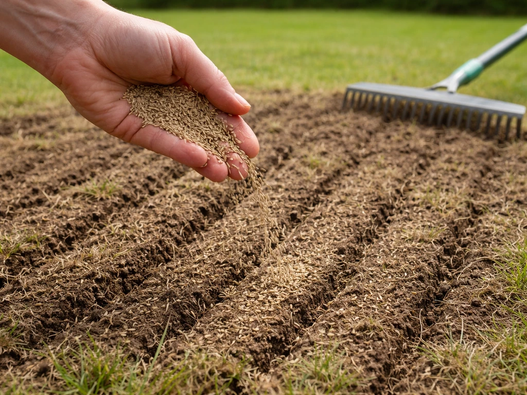 Hand die gazonzaad uitstrooit op een verticuteerde grasmat, met licht aangeharkte grond.
