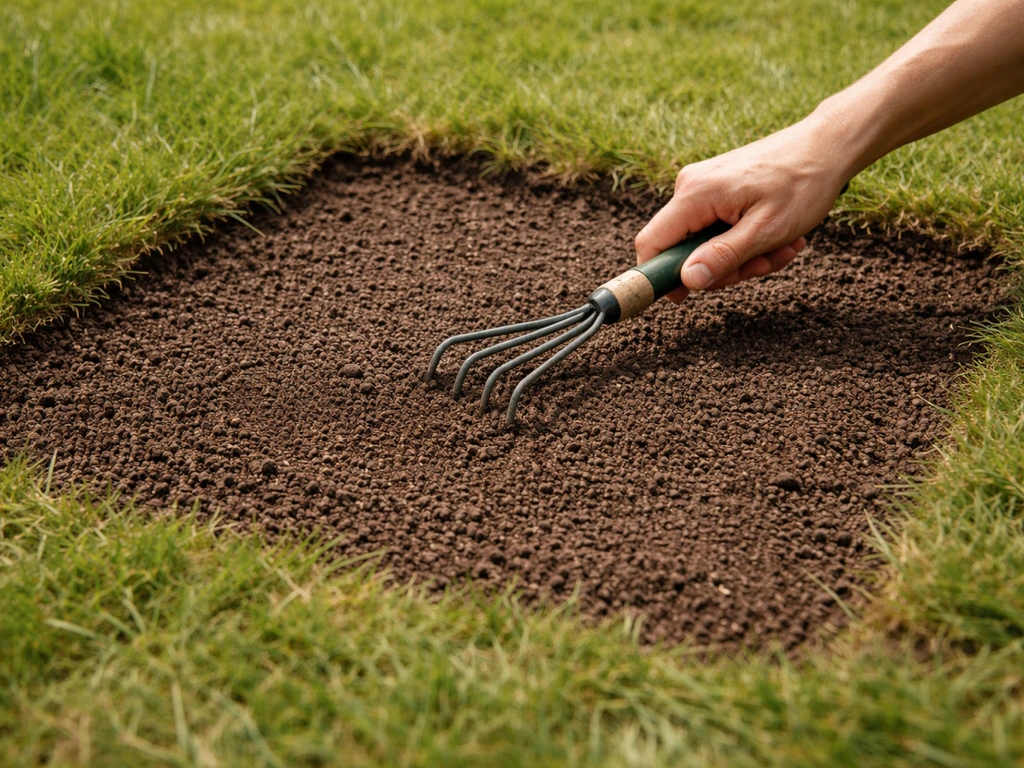 Een hand vlakmaakt verse zaaigrond na het uitnemen van een stukje grasmat, met omliggend gras zichtbaar.